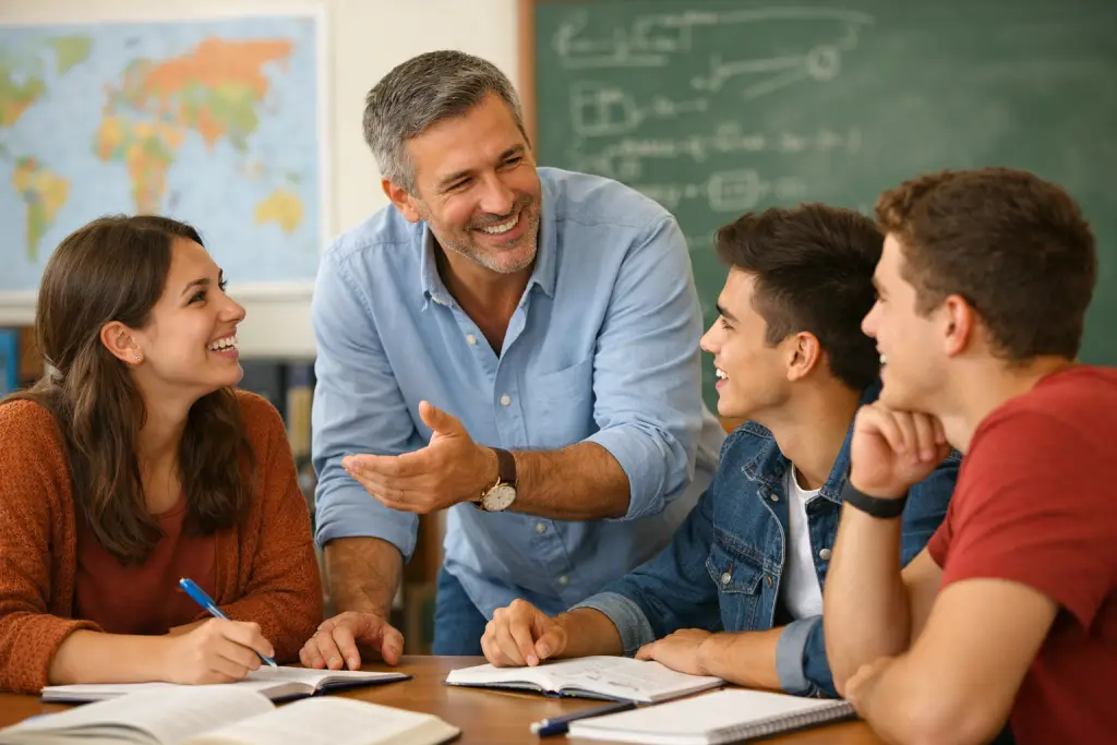 Profesor acompañando el aprendizaje de alumnos en grupo reducido en el colegio Sabia Nova en Rivas Vaciamadrid