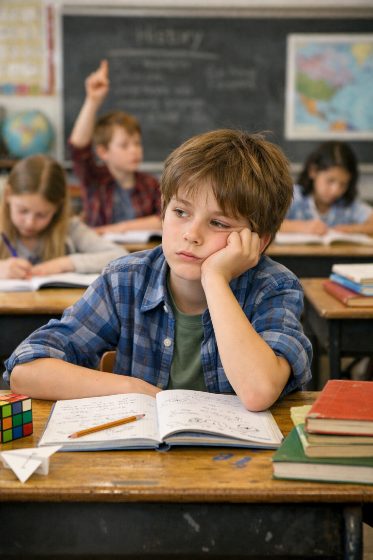 niño con altas capacidades aburrido en clase en colegio tradicional