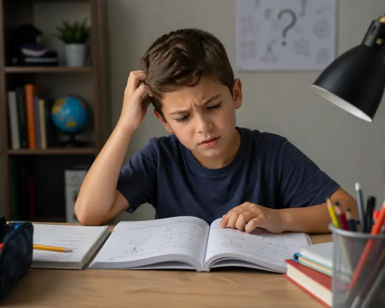 niño confundido estudiando