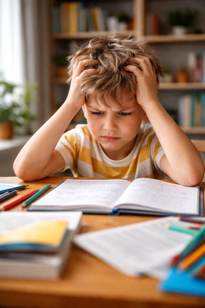 niño estudiando sin comprender en colegio en Rivas Vaciamadrid